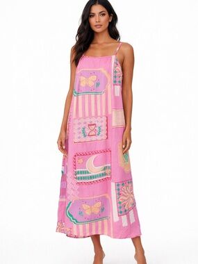 Japna Pink Celestial Nature Print Midi Dress Line Blend Adjustable Straps Med
